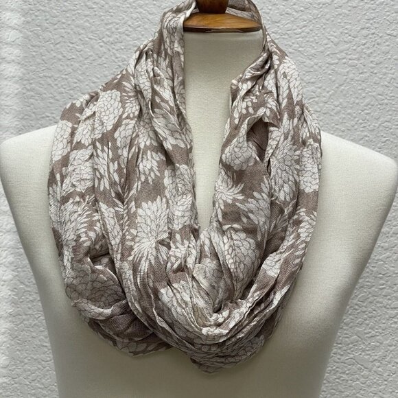Cost Plus World Market Accessories - World Market Khaki Tan White Unity Scarf  100% Viscose Floral Print Design